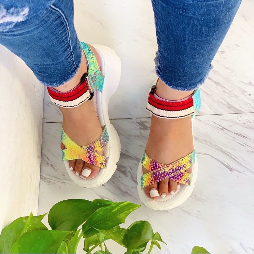 Hologram Rainbow White Velcro Platform Sandals - Picture 6 of 8